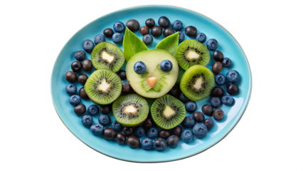Kiwi and Blueberry Cat Arrangement on Blue Plate sky blue white and transparent background