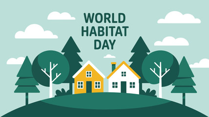  World Habitat Day illustration with houses on green hill, trees, and sky—celebrating sustainable living and global housing awareness