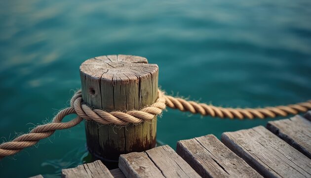 Weathered wooden dock piling with rope mooring on calm blue water background. Old wooden dock with sturdy rope tied around piling. Serene lake or sea with wooden pier and mooring post.
