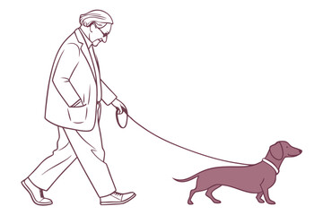 Elderly Man Walking Dog Vector Illustration on White Background