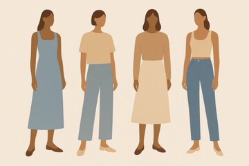 Obraz premium Stylized Illustration of Four Women in Casual Fashion Outfits