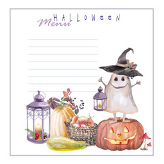 halloween party menu with ghost in hat on pumpkin with lanterns