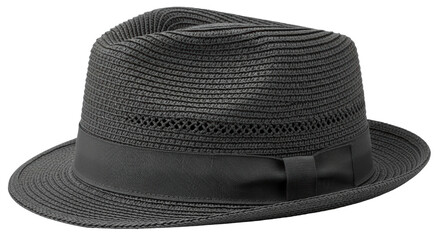 Isolated elegant dark gray fedora hat for men, breathable material, fashion accessory for summer