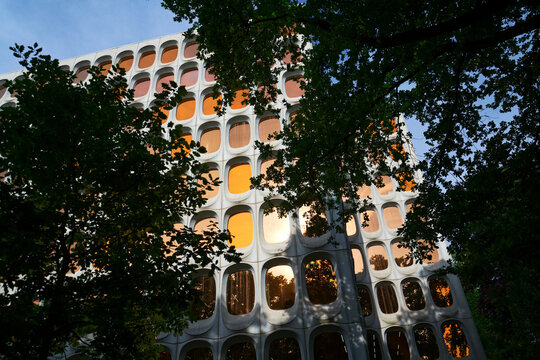 Facade of prefabricated modular concrete on the functionalist office CBR Building, Watermael-Boitsfort on May 21, 2025 in Brussels, Belgium.