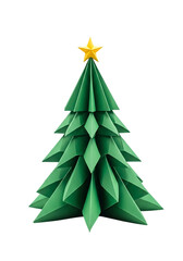Fototapeta premium Origami christmas tree isolated on transparent background, meticulously crafted from folded green paper, topped with a golden star, showcasing a modern and minimalist approach to holiday decor with cl