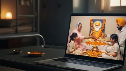 Virtual Guru Nanak Jayanti Celebration Family Observing Sikh Holiday Online, Displayed on Laptop Screen with Festive Marigold Decorations
