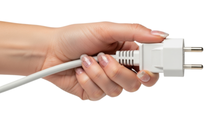 Isolated hand holding a power plug of European type for electrical appliance mains power