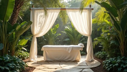 Fototapeta premium Massage table under white canopy surrounded by palm trees, plants in serene tropical garden. Outdoor spa setting with white curtains, stone flooring. Tropical paradise with gazebo for relaxation.