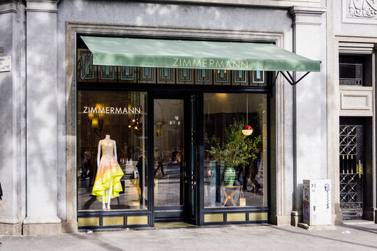 Barcelona, Spain-April 29, 2023. Zimmermann, Australian luxury fashion brand founded in 1991 by sisters Nicky and Simone Zimmermann. Logo on the entrance facade.