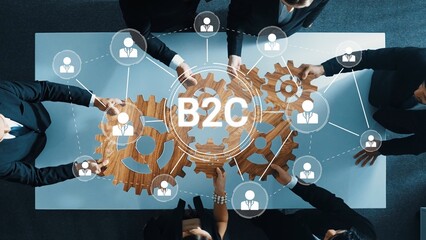 This image illustrates business collaboration featuring gears and a B2C connection, highlighting...