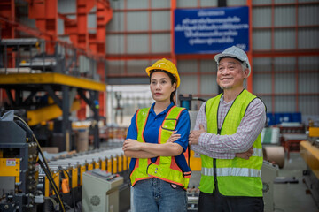 Engineer and technician inspecting materials on factory production line while discussing data on laptop. Great for industry, manufacturing, teamwork, and quality control concepts.