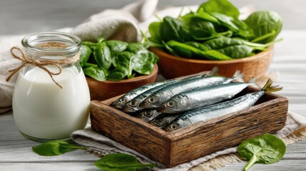 Nutritional Trio: A visually striking collection of fresh spinach, creamy milk, and glistening fish, each symbolizing the essence of wholesome nutrition and balanced diet.