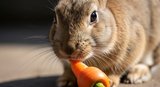 Close-up macro shot of a cute brown rabbit eating a fresh carrot in bright sunlight