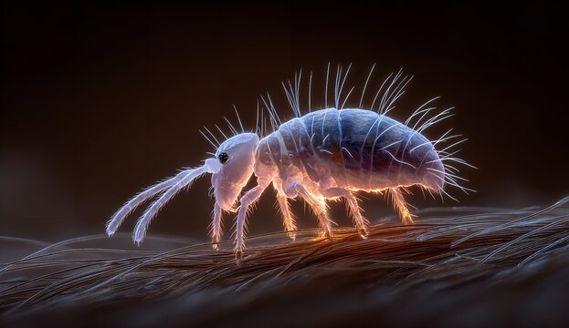 Stunning extreme close-up reveals intricate details of a tiny springtail insect with illuminated body on delicate organic surface