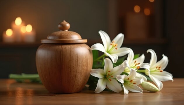 Wooden urn beside white lilies with soft candle light background. Symbolizes remembrance, loss, and respect during solemn ceremonies. Offers solace and peace.