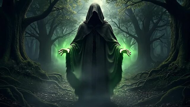 A mysterious hooded sorcerer casting a glowing green magic spell in a dark forest. Animated fantasy character performing a dark ritual. Supernatural power and witchcraft concept