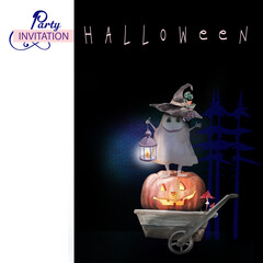halloween party menu with ghost in hat on pumpkin with lanterns
