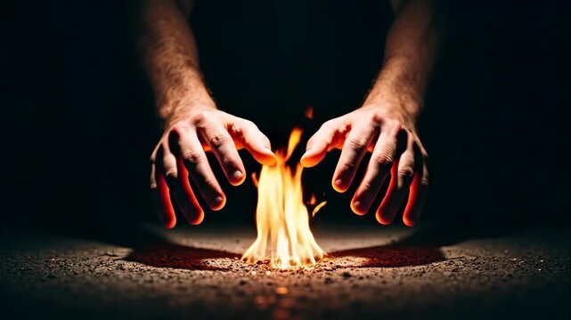 Hands creating fire from sparks in the dark. Man controlling a magical flame. Supernatural power and fantasy concept