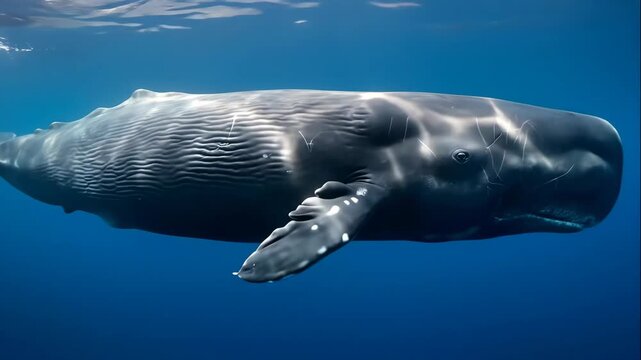 A large sperm whale swimming underwater in the deep blue ocean. Close-up profile of a majestic marine mammal. Wildlife in its natural habitat