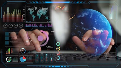 High-tech global network connection interface showing worldwide digital communication, data exchange, and internet connectivity. Global connection, data interaction, and worldwide communication. Thunk