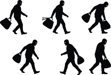 Thief and burglar silhouette set, running with stolen goods, criminal character, robbery, escape, carrying loot bag, masked man, crime, illegal activity, stealing.
