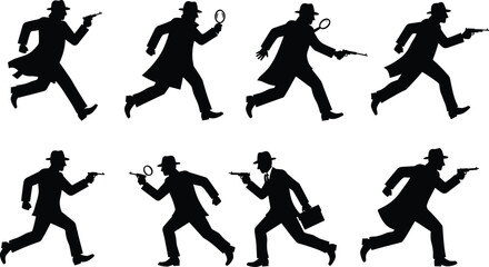 Classic detective silhouette collection, film noir style, private investigator, spy, secret agent, mystery, criminal investigation, vintage espionage, searching, magnifying glass, running, walking.