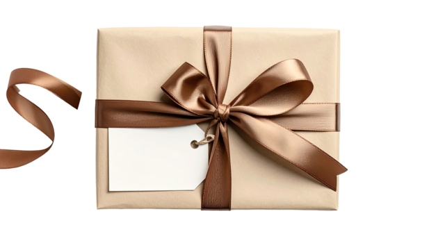 A gift box wrapped in beige paper, tied with a rich brown satin ribbon and bow. A blank tag is attached