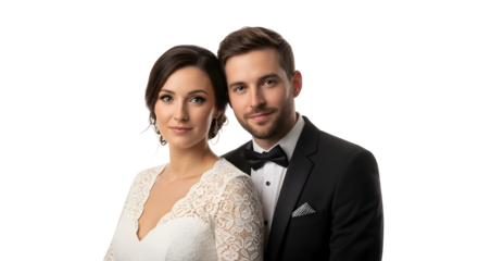 A handsome groom and a beautiful bride pose for their wedding day portrait, capturing a moment of love and joy
