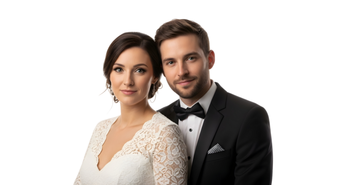 A handsome groom and a beautiful bride pose for their wedding day portrait, capturing a moment of love and joy