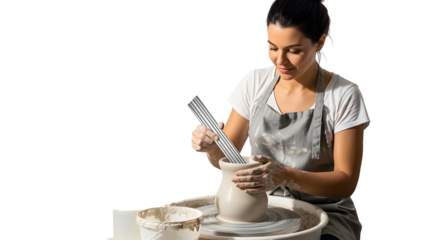 Woman working with clay on a pottery wheel, shaping a vase in a studio