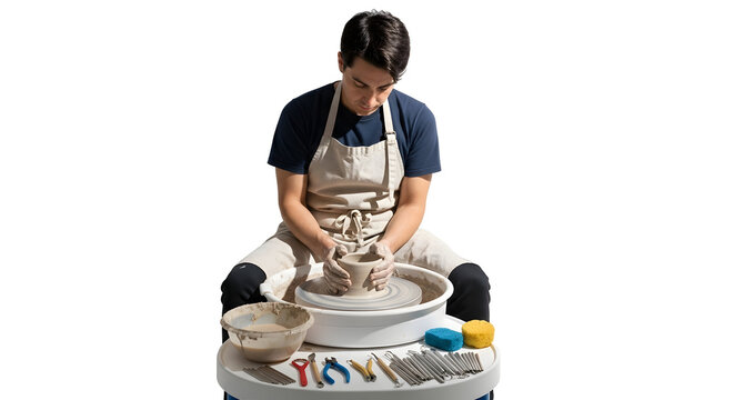 Person intently working on a pottery wheel, shaping clay with hands and tools on a white background
