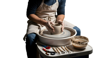 Hands sculpting clay on a pottery wheel to create a ceramic pot, isolated on white background