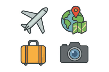 Travel icon set vector collection. Vacation tourism journey symbols. Airplane flight, world globe map pin location, luggage suitcase, photo camera. Isolated graphic elements design.