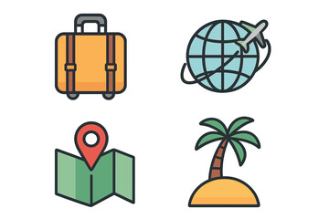 Travel icon set for vacation and tourism. Vector collection of holiday symbols. Luggage, globe with airplane, map pin, and tropical island. Flat design elements for web and mobile.