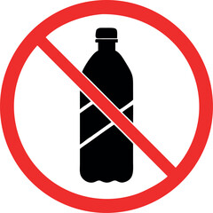 Plastic bottle not allowed sign vector, Forbidden sign with water bottle icon