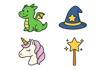 Cute cartoon fantasy icon set. Adorable baby dragon, magical unicorn, wizard hat, and sparkling magic wand. Isolated vector elements for kids, fairy tale and mythology.