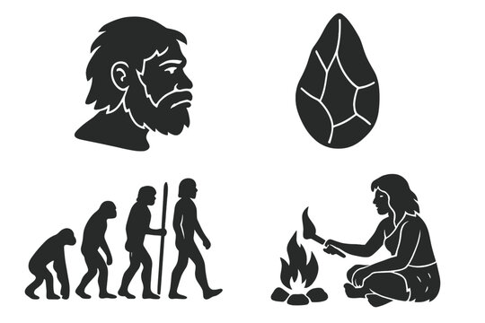 Human evolution and prehistory vector icon set. Stone age collection with march of progress, neanderthal profile, cavewoman by campfire, and ancient flint hand axe tool.