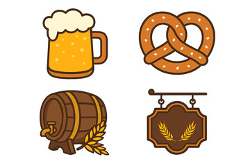 Oktoberfest beer festival icon set. German pretzel, beer mug, wood barrel, and pub sign. Vector collection for brewery logo, bar menu, or traditional German food design.