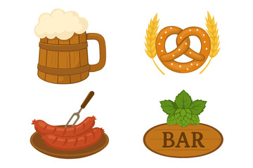 Oktoberfest vector icon collection. German beer festival set with traditional food and drink elements. Wooden beer mug, pretzel with wheat, grilled sausages, and bar sign with hops.