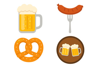 Oktoberfest icon collection. German food and drink vector set. Beer mug, pretzel, and sausage on a fork. Flat design elements for a traditional beer festival, bar, or pub menu.