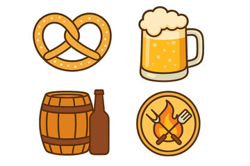 Oktoberfest beer festival icon set. Vector collection with pretzel, beer mug, wood barrel, bottle and bbq grill fork logo. German bavarian food drink for party celebration.