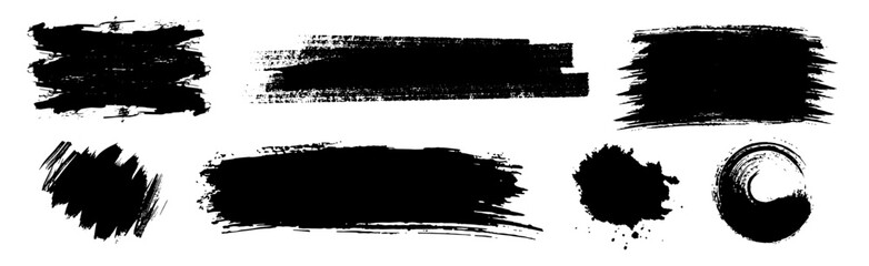 Dynamic collection of various black grunge ink and paint brush strokes and texture elements