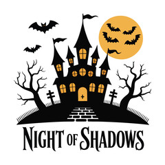 Spooky Halloween Night Scene with Haunted House, Bats, Full Moon, and Graveyard Trees Illustration