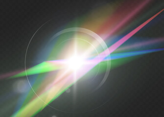 Magic rainbow light prism flare with bright glow and bokeh effect.