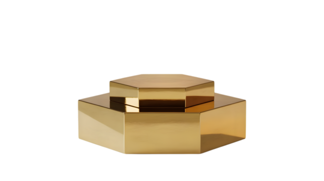 Gold hexagonal geometric box isolated on transparent background