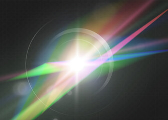 Magic rainbow light prism flare with bright glow and bokeh effect.