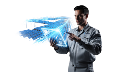 Engineer interacting with a futuristic holographic cube showcasing solar panel technology