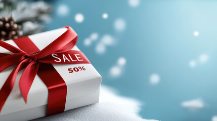 Gift box with a red bow and SALE 50% text, sitting in fresh snow with pinecones, representing winter sales, holiday discounts, and festive shopping promotions