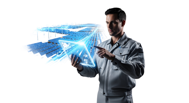 Engineer interacting with a futuristic holographic cube showcasing solar panel technology - Powered by Adobe