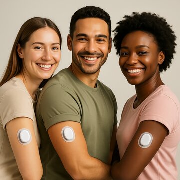 Diabetic CGM Continuous Glucose Monitor On Arm Macro Photo Closeup Generative Illustration Group Photo